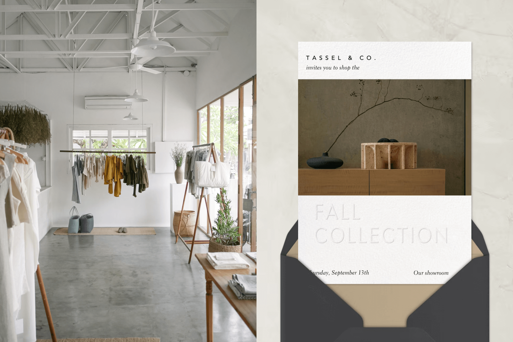 A clothing store with gray floors, white walls, and clothing racks; A white invitation with a photo and text reading ‘FALL COLLECTION’.